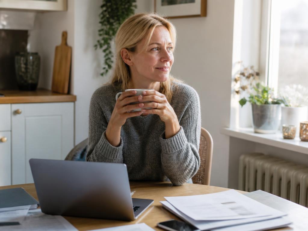 Kvinde sidder hjemme ved køkkenbordet med sin computer og får overblik over sin økonomi